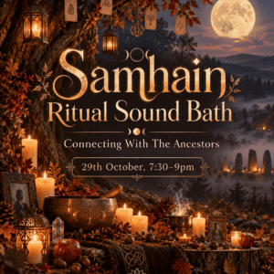 Samhain Ritual Sound Bath event poster with candles, autumn leaves, and moonlit landscape, promoting connection with ancestors on October 29th.