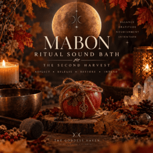 Autumn-themed image promoting MABON Ritual Sound Bath with candles, apples, and fall leaves for spiritual balance and renewal.