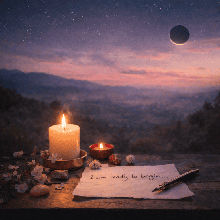 An atmospheric image of candles and a handwritten note reading "I am ready to begin" set against a tranquil mountain landscape under a starry sky and crescent moon, evoking calm and new beginnings.