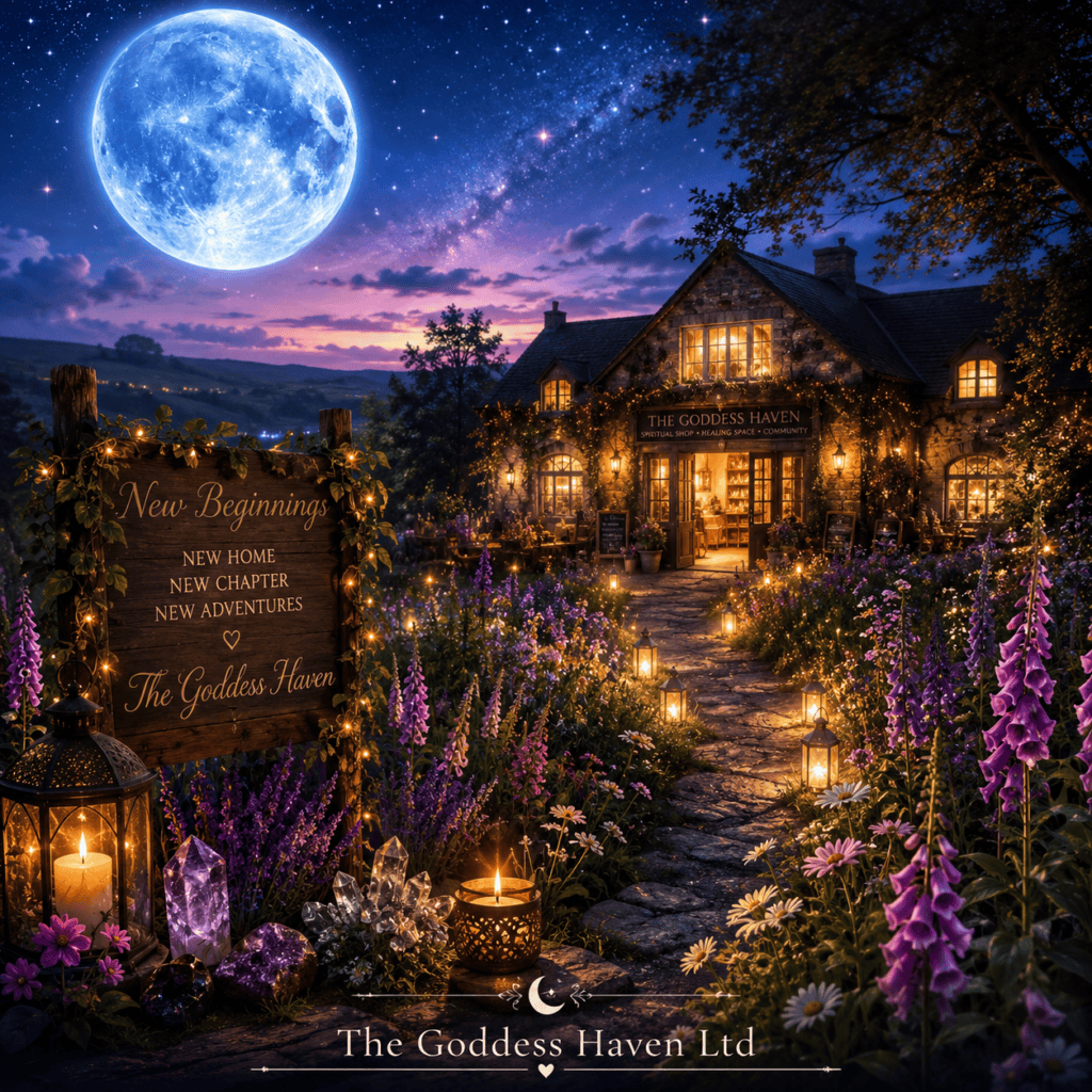 Enchanting nighttime scene of The Goddess Haven with a glowing full moon, illuminated garden, and cozy cottage, perfect for relaxation and spiritual retreats.