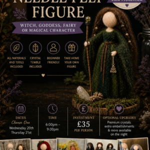Handmade needle felt figure of a witch or fairy, crafted with wool and accessories, perfect for creative workshops and DIY craft enthusiasts.