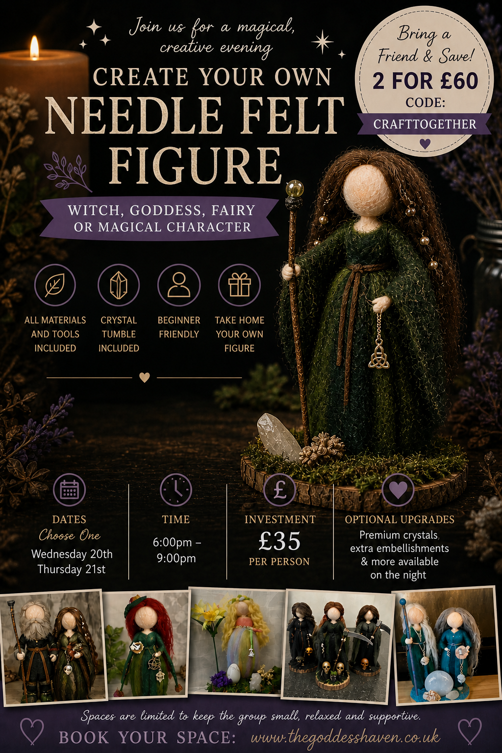 Handmade needle felt figure of a witch or fairy, crafted with wool and accessories, perfect for creative workshops and DIY craft enthusiasts.