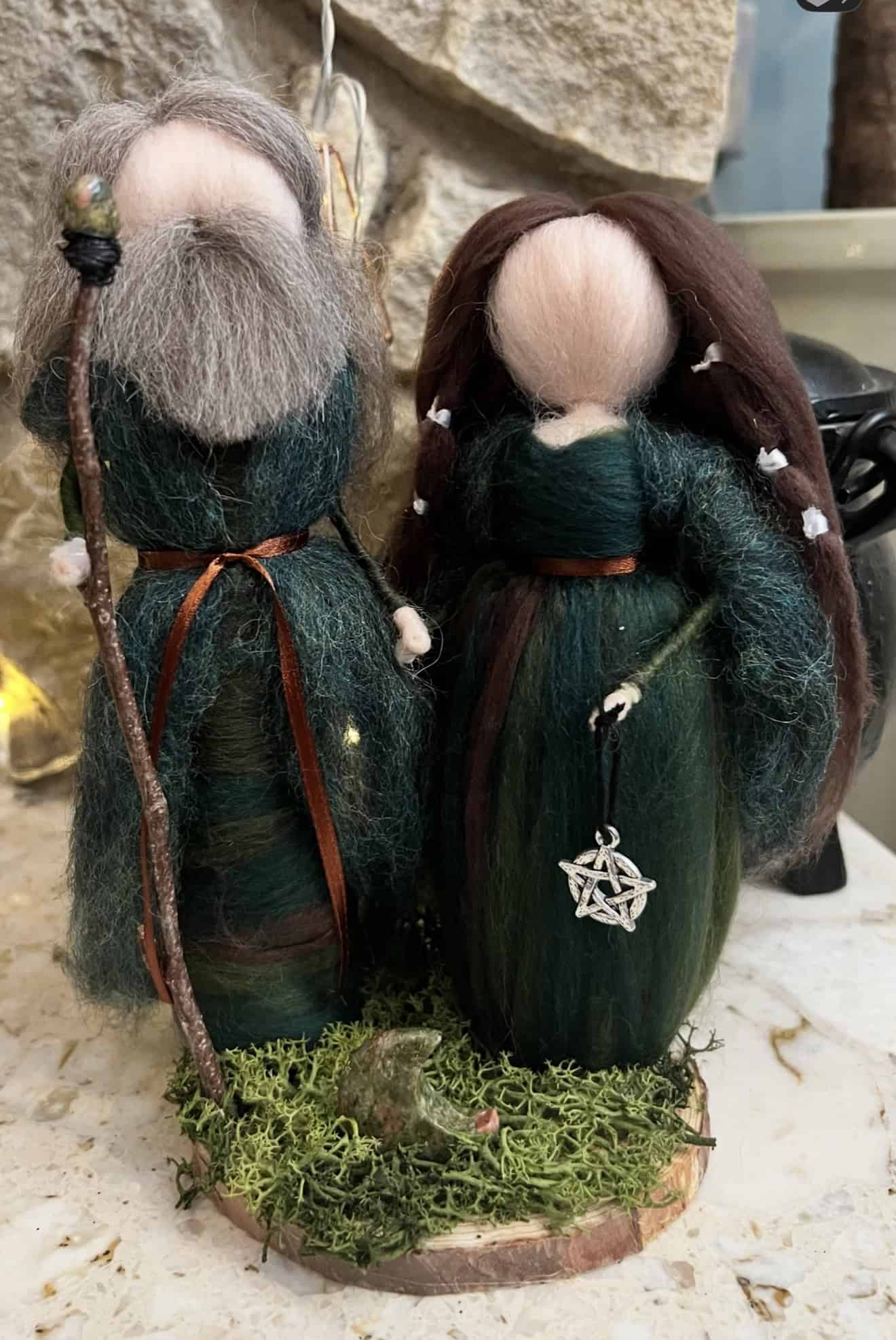 Handcrafted felted witches figurines with detailed robes and accessories, perfect for Halloween or witch-themed decor, showcasing intricate needle felting art.