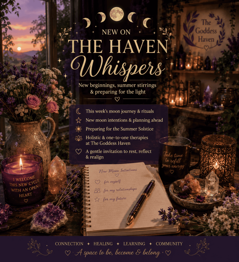A detailed promotional poster for The Goddess Haven's new moon and summer rituals, featuring moon phases, herbal decor, and a cozy, spiritual ambiance.