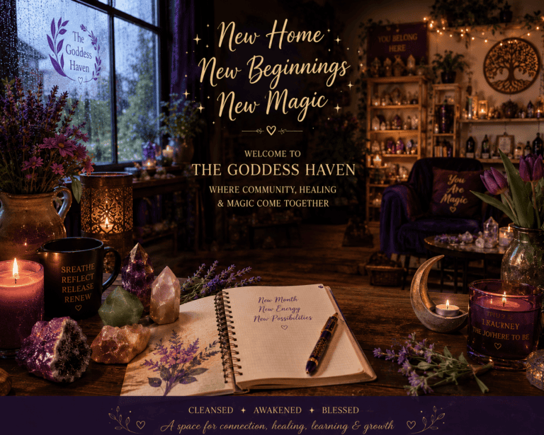 Embrace spiritual growth at The Goddess Haven with a cozy, mystical interior featuring healing crystals, candles, and empowering decor for community, healing, and magic.