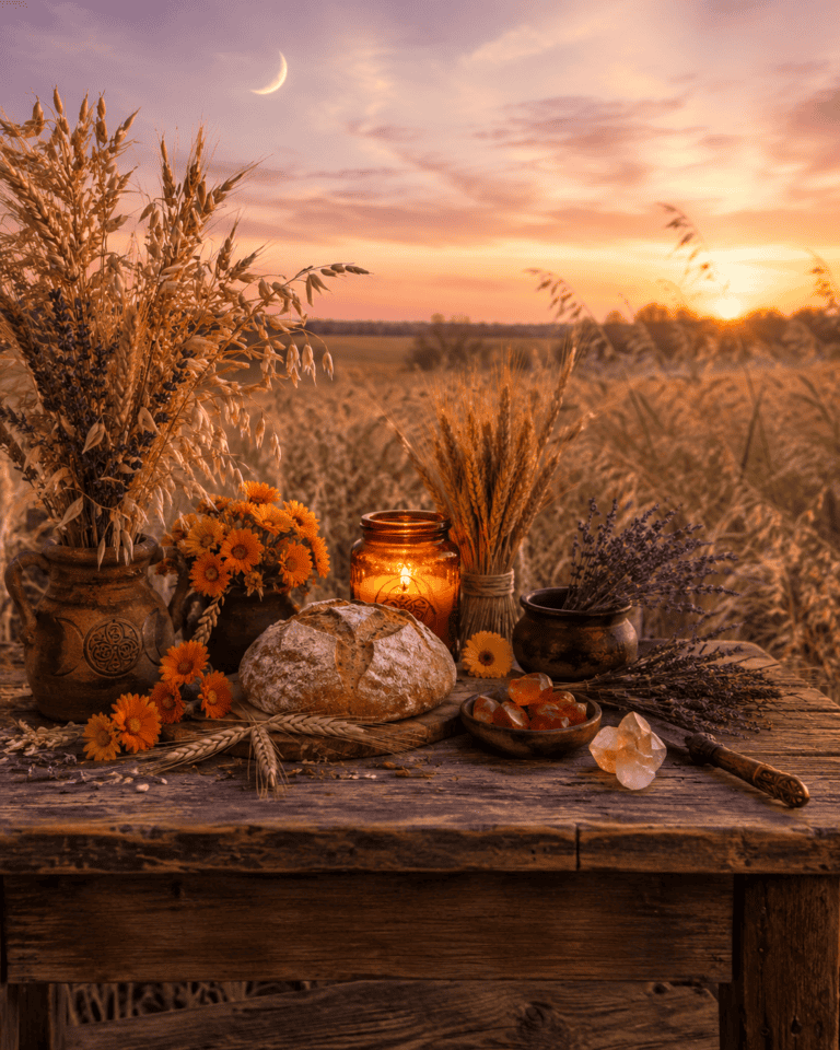 A rustic altar setup at sunset with herbs, flowers, candles, and crystals on a wooden table in a field, capturing a peaceful, spiritual atmosphere.