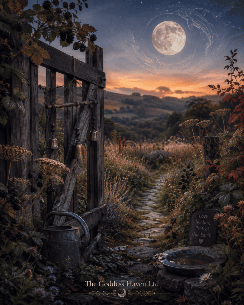 Serene garden pathway under a full moon with a celestial sky and lush plants, symbolizing natural harmony and spiritual connection.