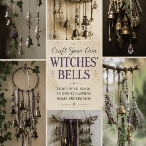 Witches' bells craft workshop display with handmade bells, lavender, and decorative elements for home protection and sound cleansing.