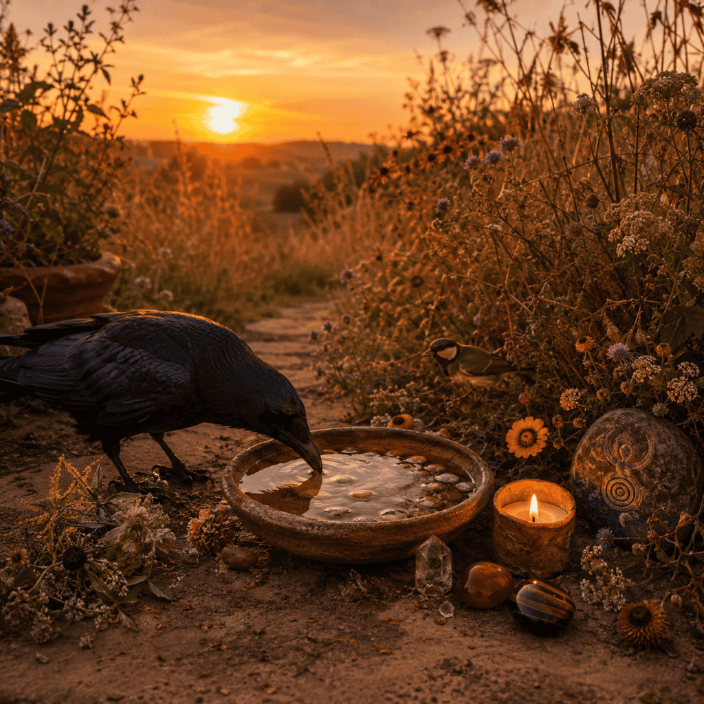 Serene outdoor scene at sunset with a black crow drinking from a bowl, surrounded by wildflowers, a lit candle, and decorative stones.
