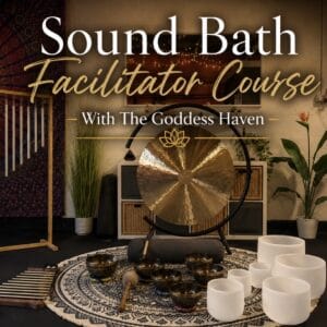 Sound bath facilitator course setup with gong, singing bowls, and crystal bowls for healing and relaxation.