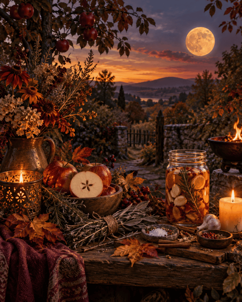Autumnal outdoor scene with apples, candles, and herbal infusions under a full moon at sunset.