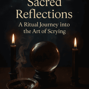 Book cover for Sacred Reflections: A Ritual Journey into the Art of Scrying featuring a crystal ball and candles in a mystical setting.