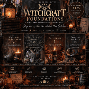 Witchcraft Foundations 4-week course promotional image with mystical symbols, candles, and magical tools for beginners.