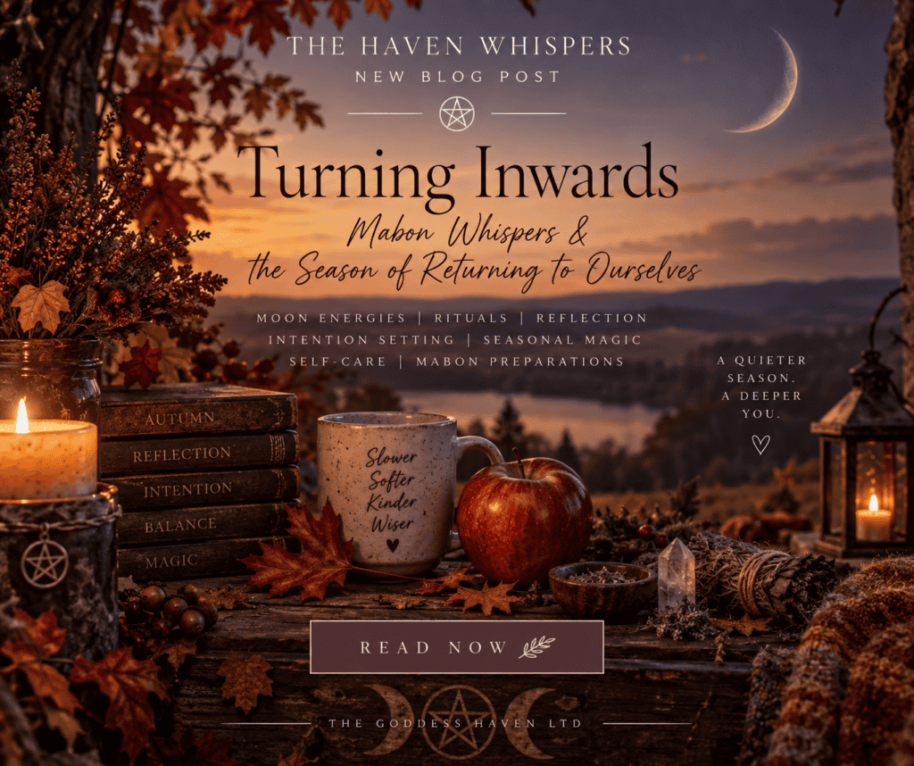 Autumn-themed image promoting 'Turning Inwards' blog post with candles, apples, and fall leaves under a moonlit sky.