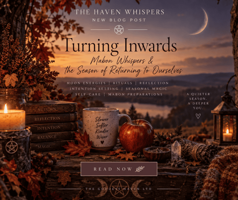 Autumn-themed image promoting 'Turning Inwards' blog post with candles, apples, and fall leaves under a moonlit sky.