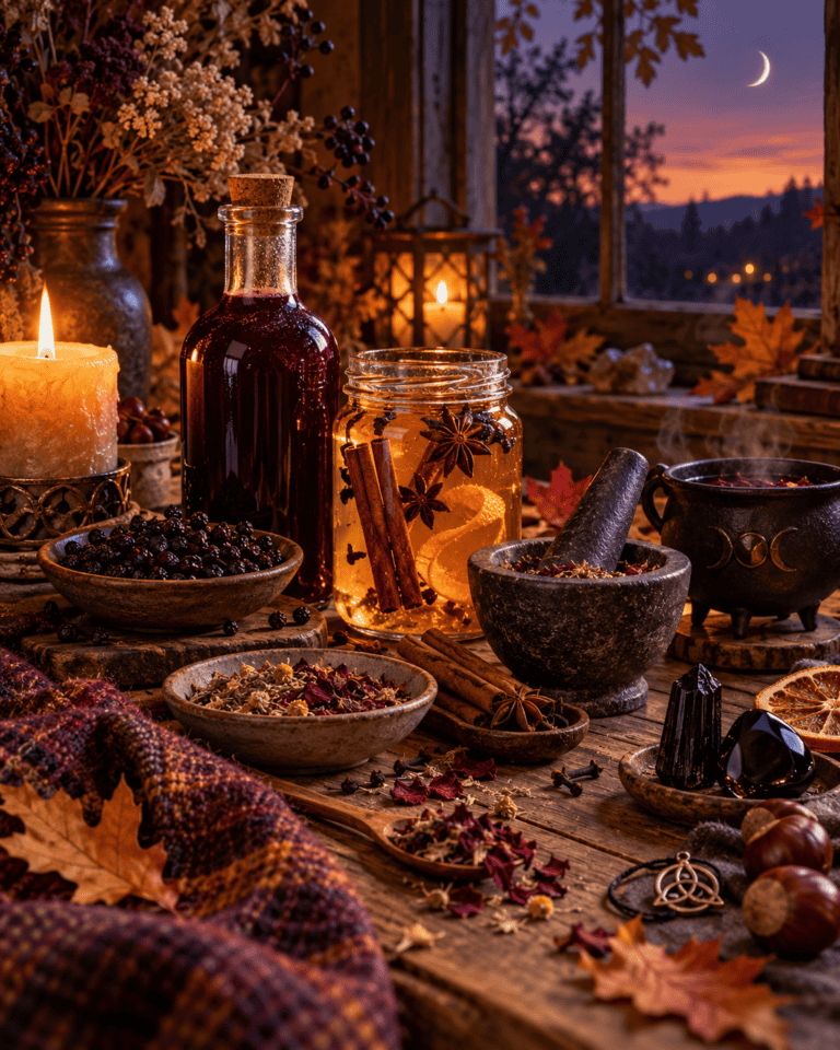 Cozy herbal and floral scene with candles, jars, and dried herbs during sunset, creating a warm, mystical atmosphere.