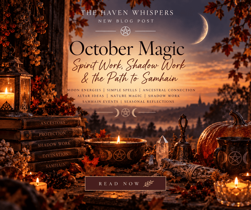 Autumn-themed mystical scene with candles, pumpkins, and crystals for October magic and shadow work.