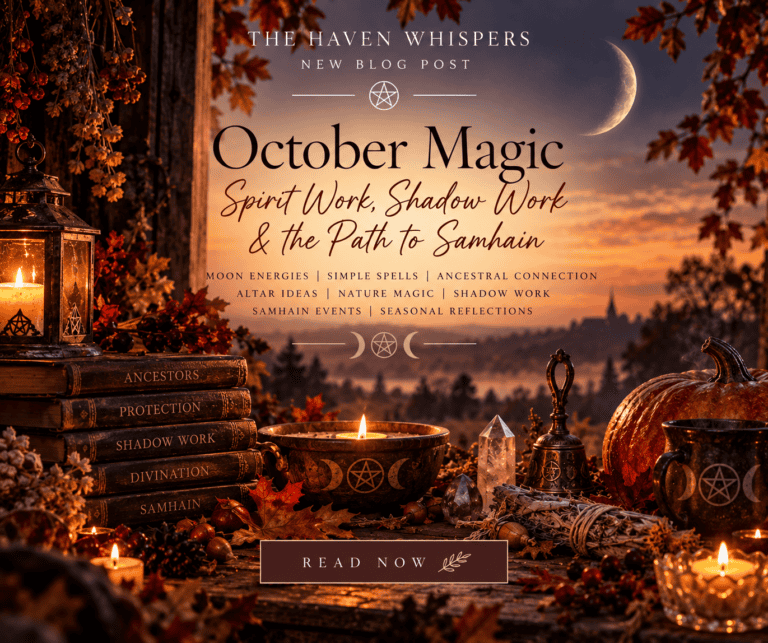 Autumn-themed mystical scene with candles, pumpkins, and crystals for October magic and shadow work.