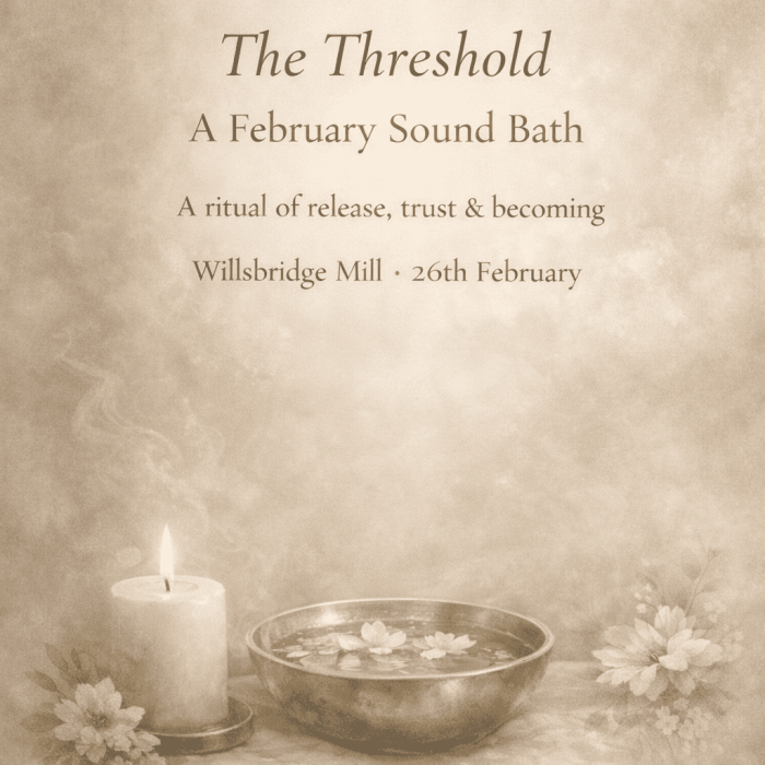 A serene image promoting The Threshold sound bath event with candles, flowers, and a calming atmosphere for release and transformation.