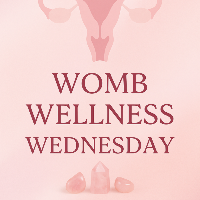 Rose-colored illustration of female reproductive system and gemstones, promoting Womb Wellness Wednesday by The Goddess Haven Ltd for women's health and holistic healing.