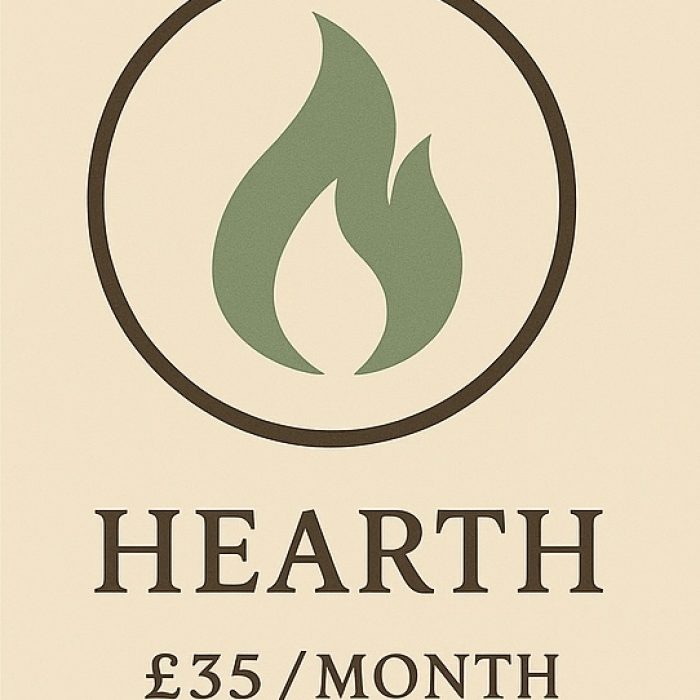 Green flame logo representing holistic energy healing and wellness services at The Goddess Haven, focusing on empowerment, relaxation, and spiritual healing, available for £35 per month.