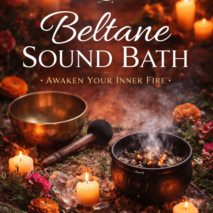 Beltane Sound Bath with singing bowls, candles, and flowers for spiritual renewal and inner fire awakening. Perfect for balance and gentle transformation.