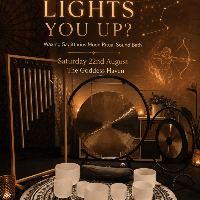 Waxing Sagittarius Moon Ritual Sound Bath setup with gong, singing bowls, and candles for a spiritual event.