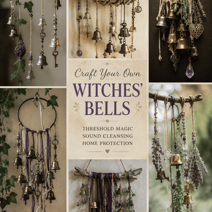 Witches' bells craft workshop display with handmade bells, lavender, and decorative elements for home protection and sound cleansing.