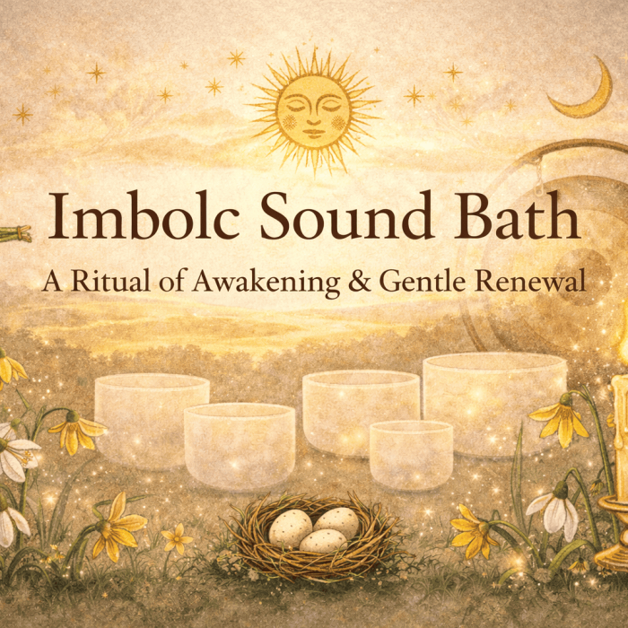 Soothing Imbolc Sound Bath for Spiritual Awakening and Renewal, featuring crystal bowls, candles, and sacred symbols for guided meditation, relaxation, and energetic cleansing.