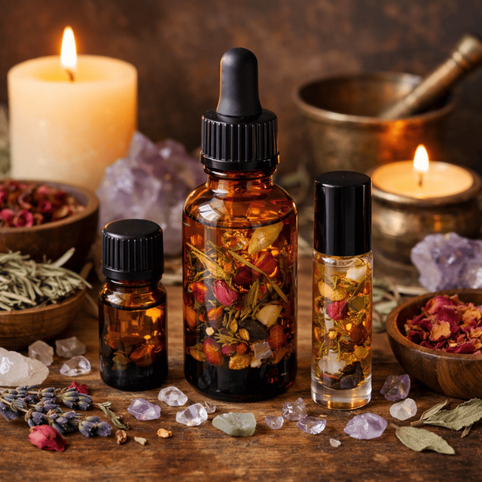 Aromatherapy essential oils with dried herbs and crystals on a rustic wooden table, lit candles, and meditation tools, promoting relaxation, healing, and spiritual wellness.