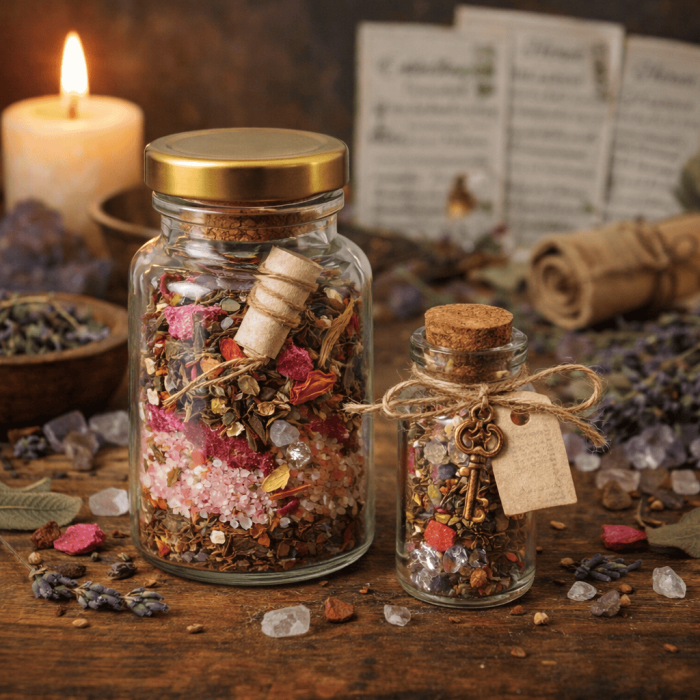 Vibrant herbal bath salts and dried flower potpourri in glass jars with cork lids, surrounded by candles and herbal arrangements, for holistic wellness and spiritual healing.