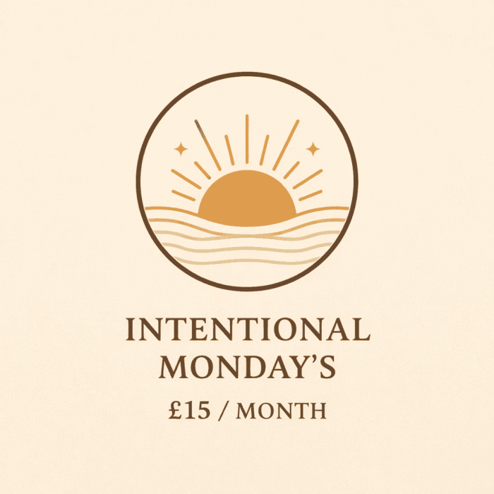 Sunrise logo with warm tones for holistic wellness, promoting intentional Mondays at The Goddess Haven.