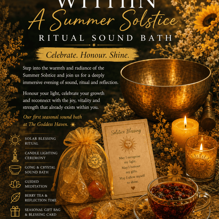 A serene ritual sound bath setup featuring sunflowers, candles, and crystals for summer solstice celebration at The Goddess Haven in Bristol.