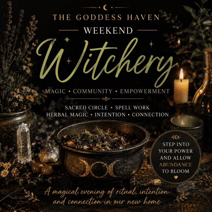 Enchanted witchcraft ritual setup with herbs, candles, and mystical symbols for empowerment, abundance, and spiritual connection at The Goddess Haven weekend event.