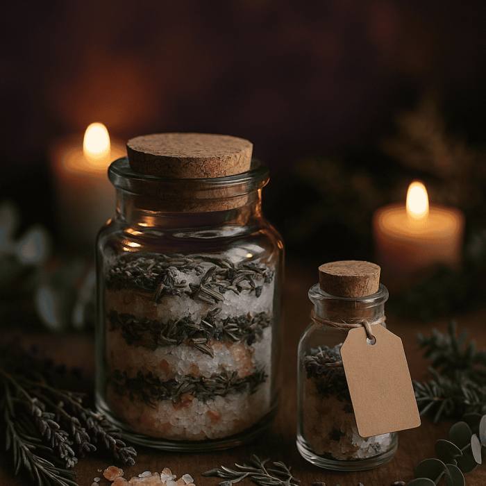 Lavender and Himalayan salt bath salts in glass jars with cork lids, surrounded by fresh herbs and candles for relaxing self-care and wellness rituals.