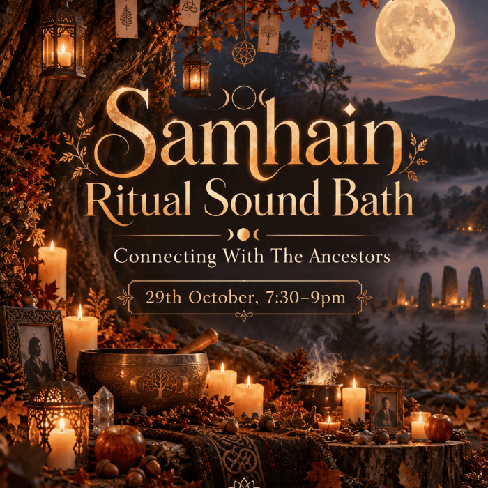 Samhain Ritual Sound Bath event poster with candles, autumn leaves, and moonlit landscape, promoting connection with ancestors on October 29th.
