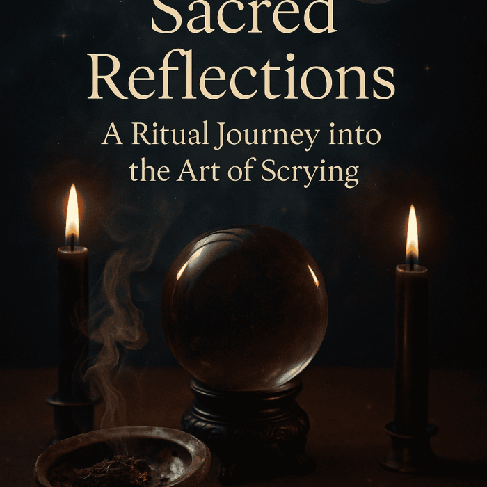 Book cover for Sacred Reflections: A Ritual Journey into the Art of Scrying featuring a crystal ball and candles in a mystical setting.