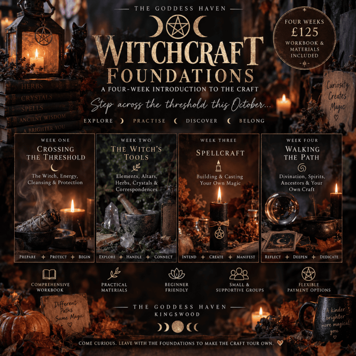 Witchcraft Foundations 4-week course promotional image with mystical symbols, candles, and magical tools for beginners.