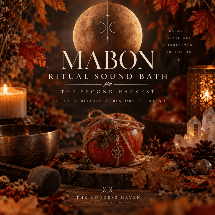 Autumn-themed image promoting MABON Ritual Sound Bath with candles, apples, and fall leaves for spiritual balance and renewal.