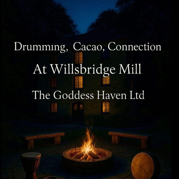 A cozy outdoor fire pit ritual at night with drums and cacao at Willsbridge Mill, surrounded by benches and musical instruments, under a starry sky, promoting connection and spiritual wellness.