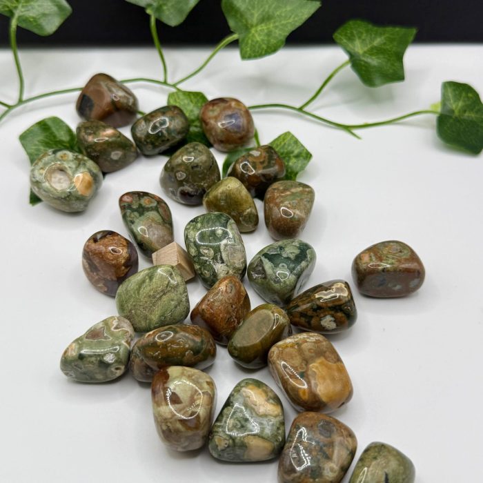 Polished multi-colored jasper stones with green ivy leaves on white background for holistic healing, spiritual growth, and energy balancing.