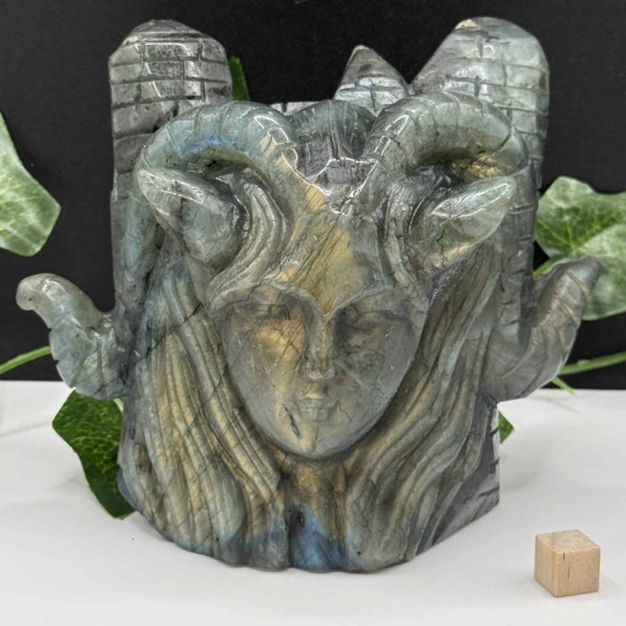 A carved stone sculpture of a mythical lion-headed creature with intricate detailing, set against a black background with green foliage.