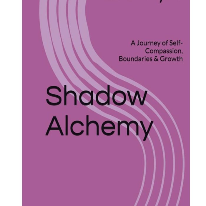 A book cover featuring "Shadow Alchemy" by Marie Boyns with a purple background and curved line design, centered around themes of self-compassion, boundaries, and personal growth.