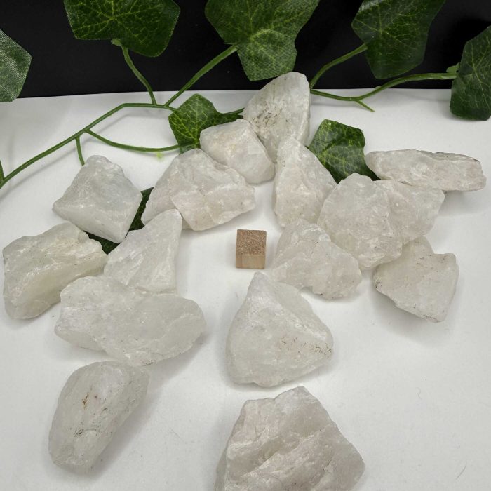 White healing crystal stones with green ivy leaves on black background, natural energy, spiritual healing, crystal therapy, holistic wellness products from The Goddess Haven.