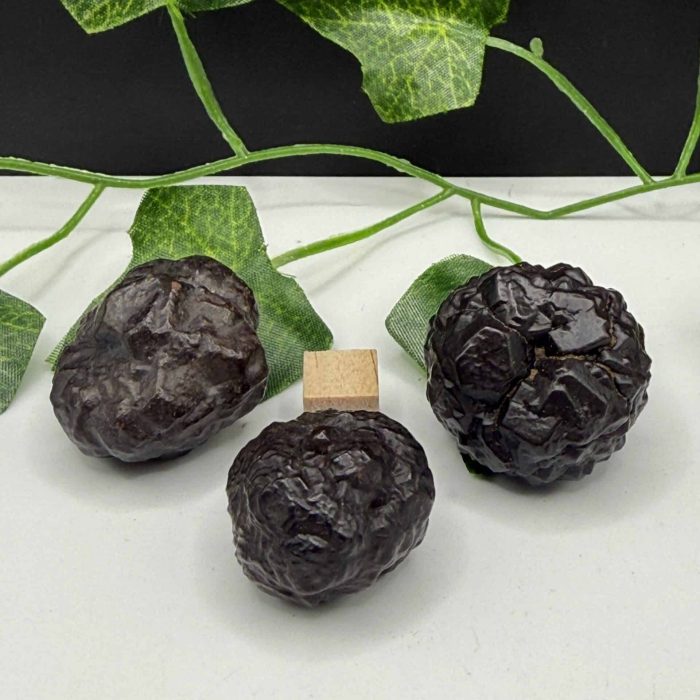 Three black obsidian healing stones with textured surfaces, accompanied by green ivy leaves on a white background, showcasing natural crystal energy and wellness benefits.
