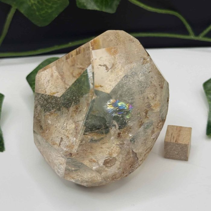 Natural healing crystal quartz with rainbow reflection, placed on a white surface with green leaves in the background, ideal for energy healing and spiritual wellness.